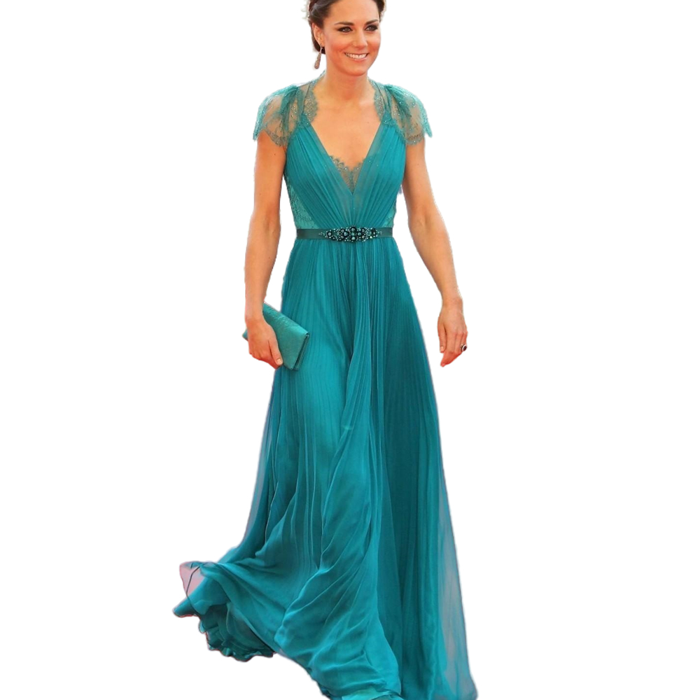 Kate Middleton Fashion Evening Dresses Long 2021 Formal Celebrity Red Carpet Dress Lace Chiffon Prom Party Gowns Cap Sleeves with Beads Sash