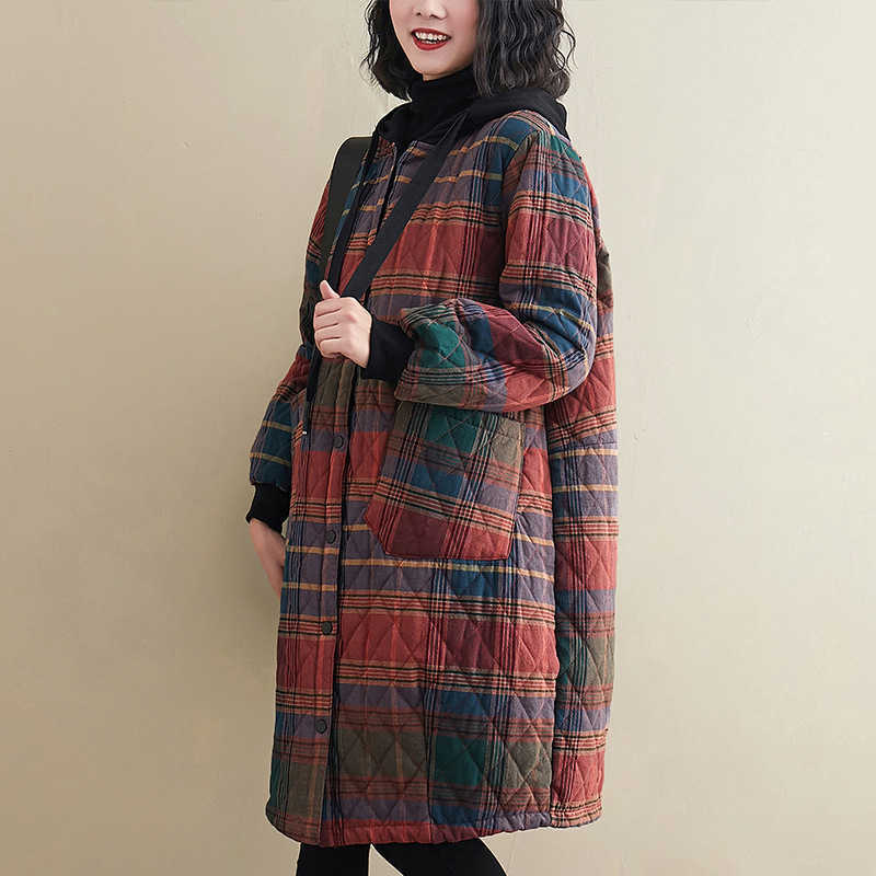 Johnature Women Vintage Winter Parkas Plaid Button Coats Hooded Pockets Warm Female Clothes Korean Style Parkas Coats 210930
