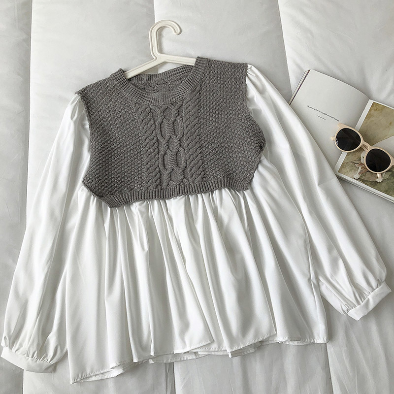 Nomikuma Twisted Knitted Patchwork Blusas Top Causal Sweet Women Doll Shirt Spring New Long Sleeve O-neck Blouses 6E096 210427