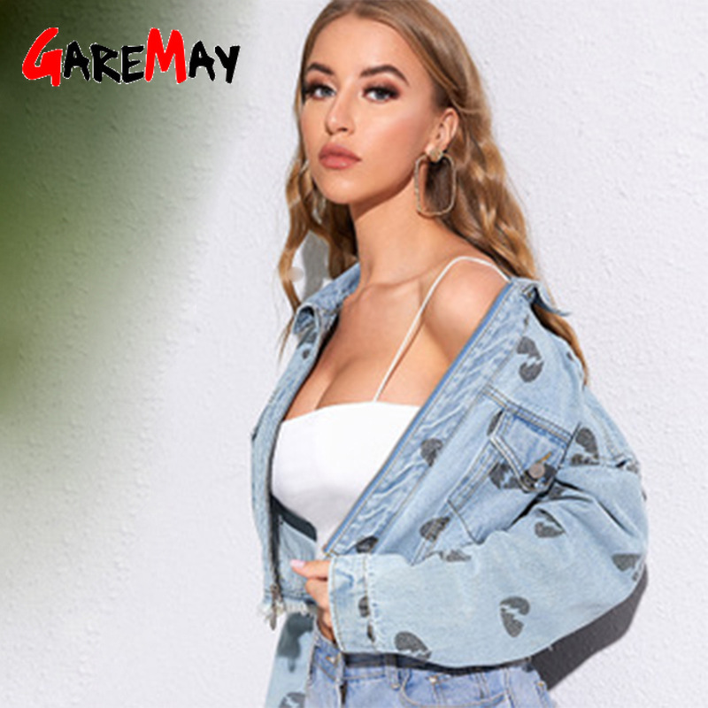 Women 100% Cotton Oversized Short Denim Jacket Turn-down Collar Jean for Vintage printing pocket Coat Female 210428