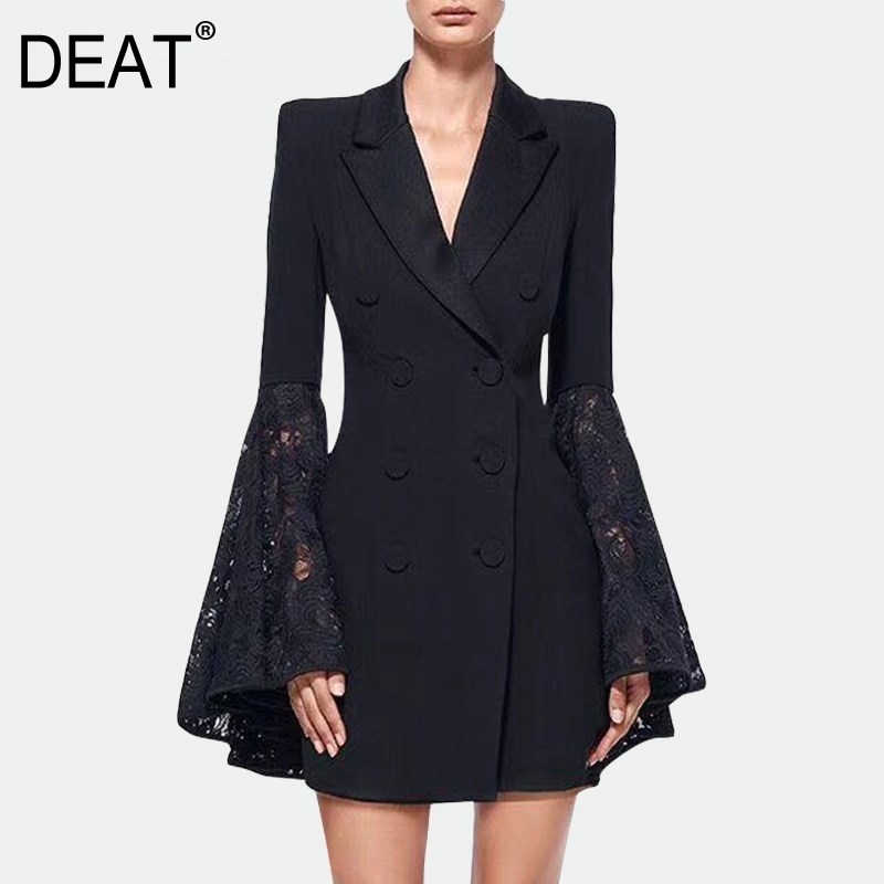 DEAT spring and summer fashion women clothes notched collar flare sleeves lace patchwork high waist double breasted 210428