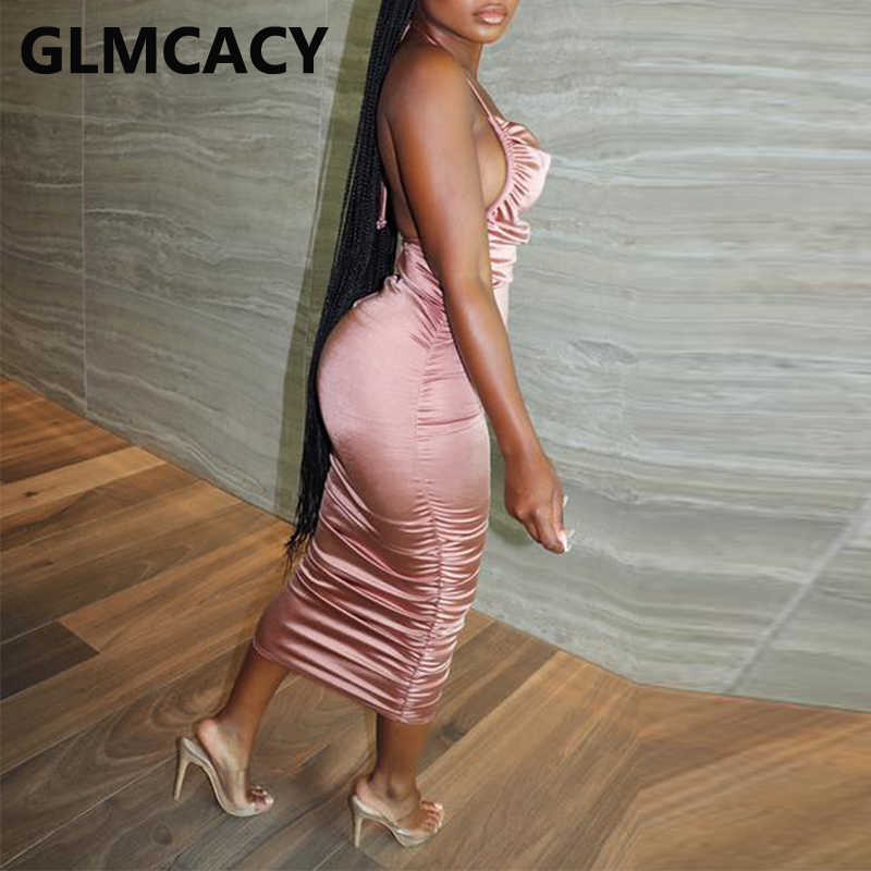 Halter Backless Bodycon Ruched Midi Dress Elegant Evening Party Dress 210702