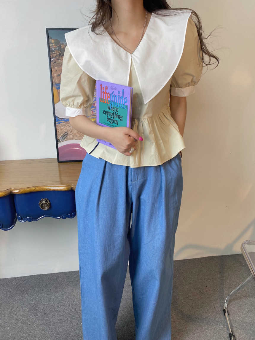 Korejpaa Women Shirt Summer French Sweet Age-Reducing Doll Collar Contrast Stitching Loose Hem Ruffled Puff Sleeve Blouses 210526