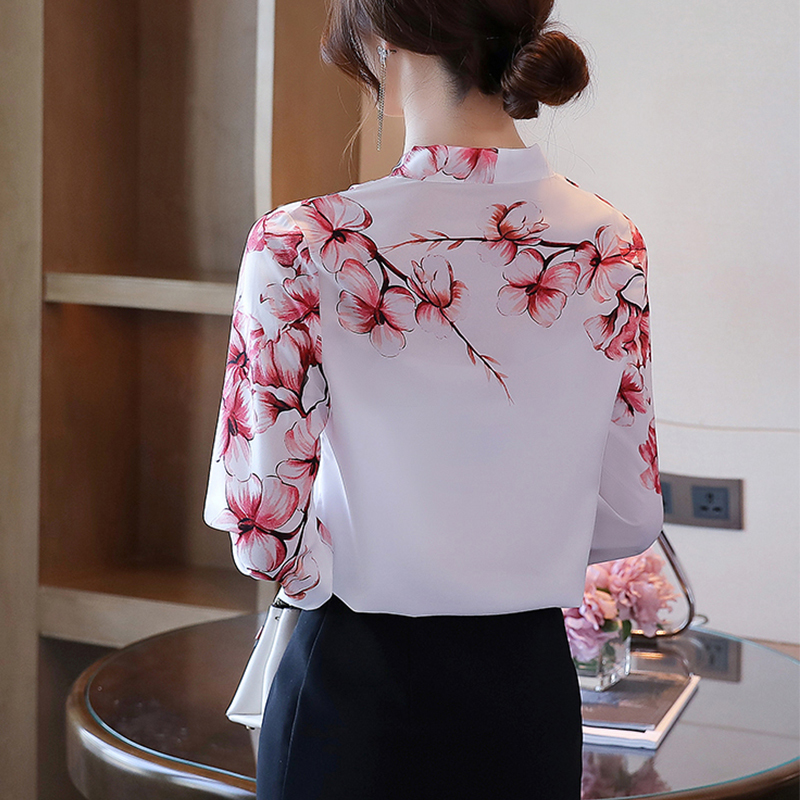 New elegant Women Blouses flower shirts chiffon blouse Spring Blouse lantern sleeve Tops Shirts Blusas Mujer 210317