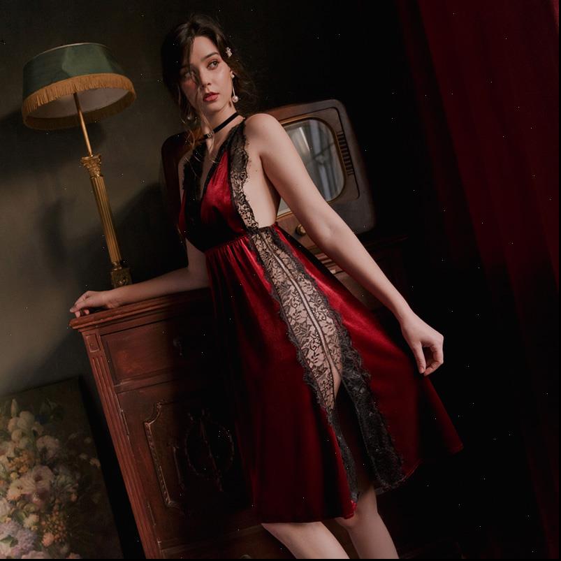 french retro velvet nightdress women sleepwear years seduction beautiful back lace deep v neck side split night dress, Black;red 
french retro velvet nightdress women sleepwear years seduction beautiful back lace deep v neck side split night dress, Black;red