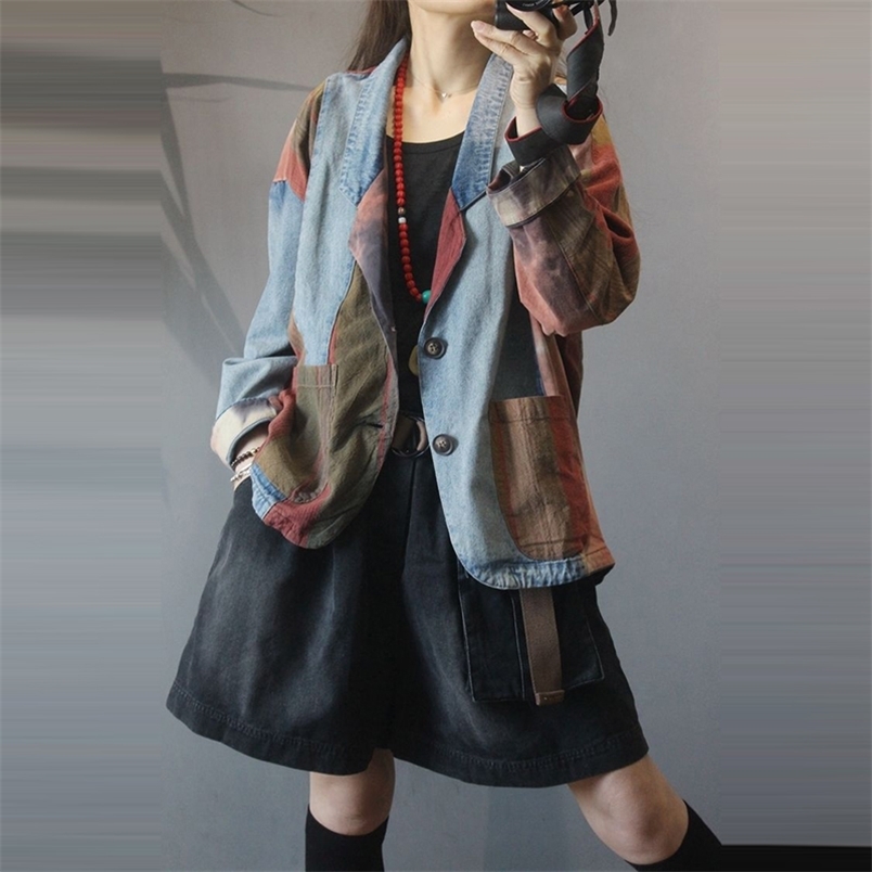 Spring Autumn Arts Style Women Long Sleeve Loose Vintage Blazers Double Pocket Cotton Denim Patchwork Blazer Femme Coat M179 210512