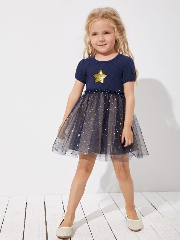Toddler Girls Star Print Mesh Panel Puff Sleeve Dress SHE