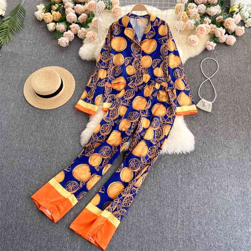 INS Fashion Blogger Pajamas Party 2 piece set Women Summer Fall Fruit Print Single-breasted Blouse and Wide leg Pants Suits 210602, Blue
INS Fashion Blogger Pajamas Party 2 piece set Women Summer Fall Fruit Print Single-breasted Blouse and Wide leg Pants Suits 210602, Blue