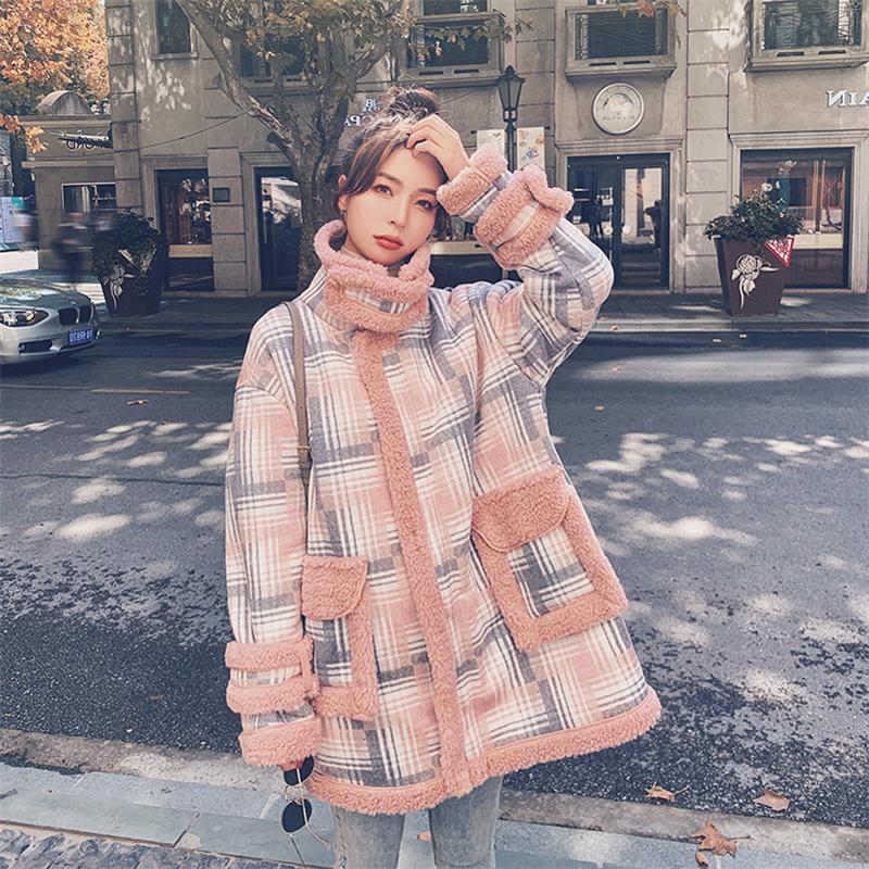 Women's Fur & Faux Winter Coat Women Casual Short Jacket Female Warm Turn-down Collar Teddy Long Sleeve Pink Plaid Outerwear Ladies Y413