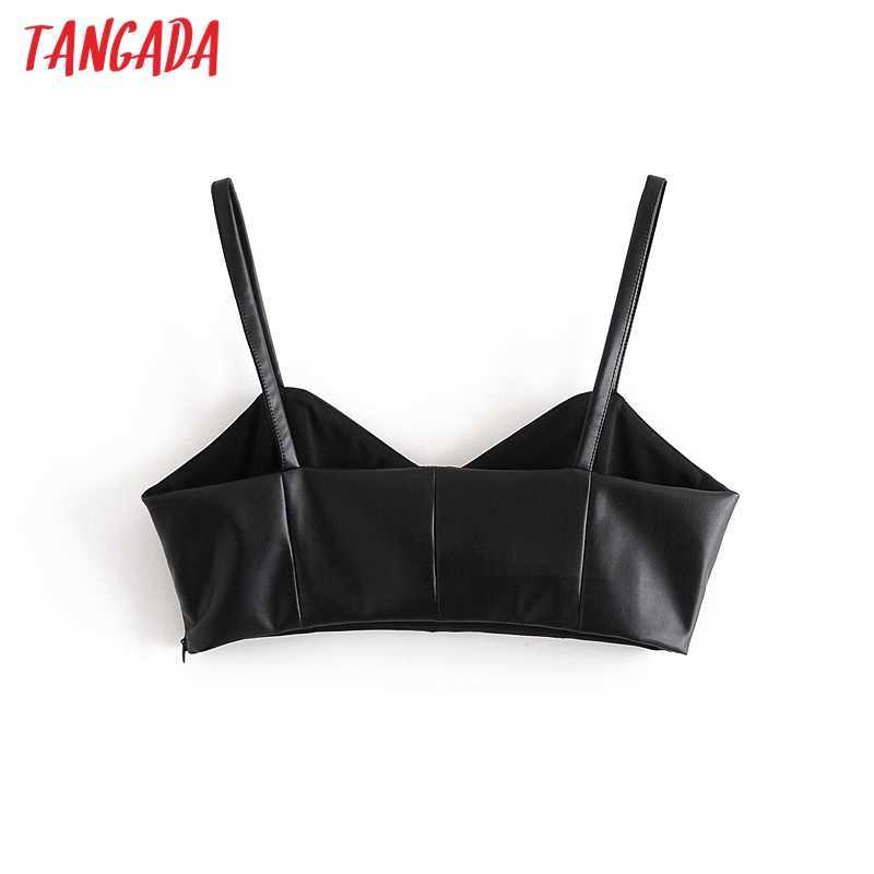 Tangada women black pu leather camis crop top spaghetti strap sleeveless backless short blouses shirts female solid tops QN28 210625