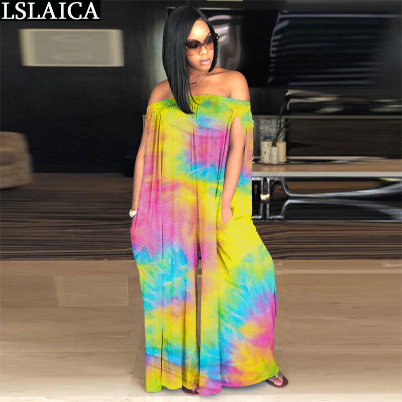 Playsuit Women Sleeveless Tie Dye Loose Outfits For Slash Neck Plus Size 2Xl Sexy Club Jumpsuit Summer 210520