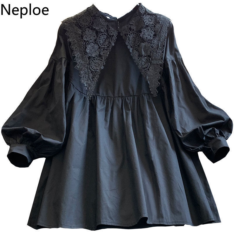 Neploe Plus Size Blouse Women Blusas Mujer De Moda Crochet Lace Shirt Lantern Sleeve Loose Blouses Japanese Black Long Tops 210422