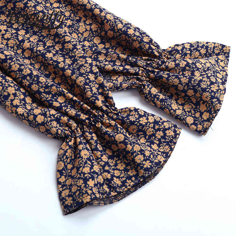 Mock Neck Ruched Front Ruffle Print Loose Dresses Spring Women Long Sleeve Above Knee Mini Casual Floral Dress 210510