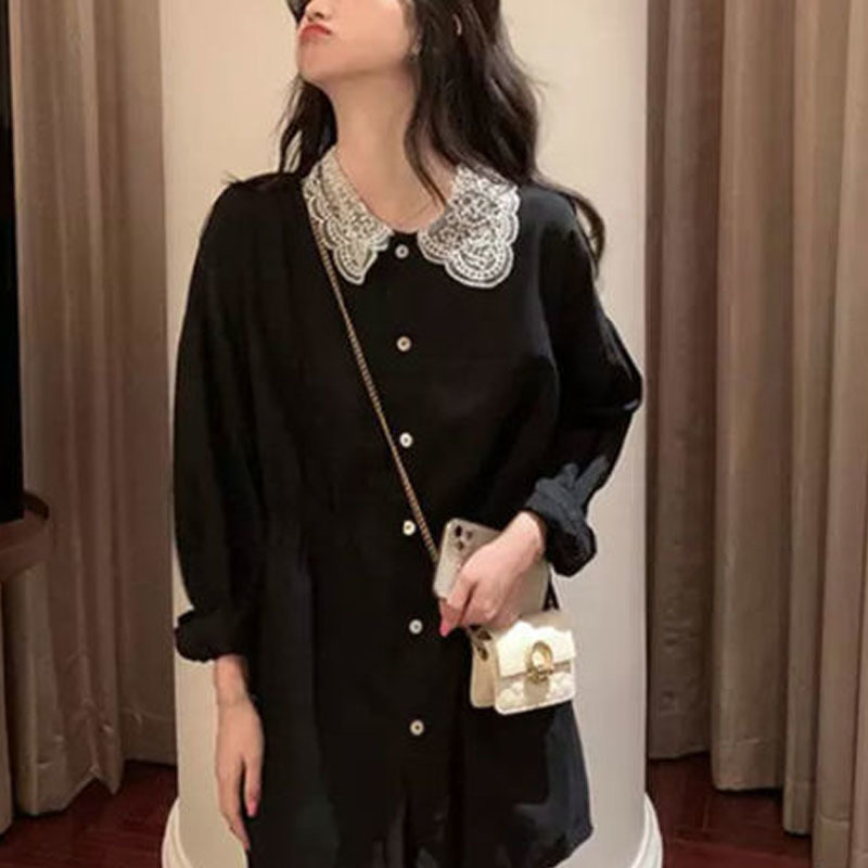 Elegant Shirt Dress Women Lace Chiffon Long Sleeve Casual Mini Dress Office Lady High Waist Dress Korean Summer 210521