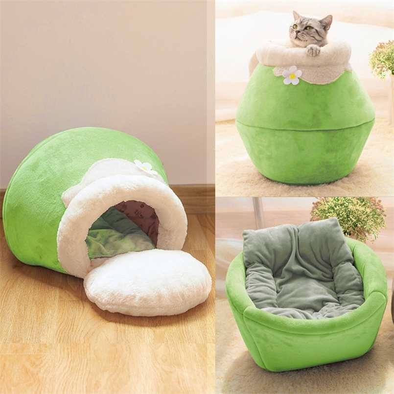 Winter Warm Cat Bed Plush Soft Portable Foldable Round Cute House Cave Sleeping Bag Cushion Pet Kittens Products Toy 211111