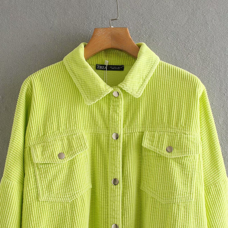 Lapel Long Sleeve Corduroy Fluorescent Green Fresh Loose CHIC Female Coat Single-breasted Sweet Pocket Women's Jacket 210507