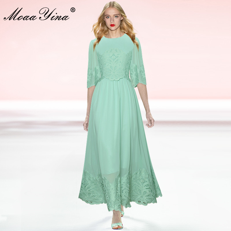 Fashion Runway Summer Chiffon A-Line Dress Women Lace Patchwork Half sleeve Hollow out Solid Party Midi Vestidos 210524