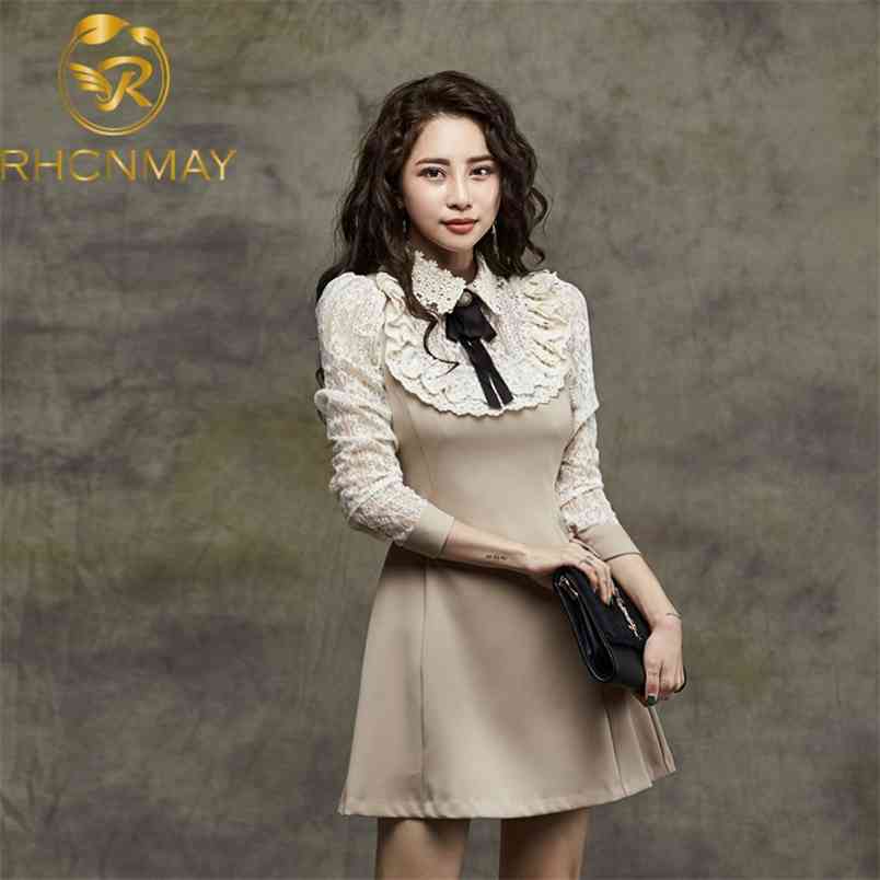 Women Fashion Temperament Slim Lapel Dress Lace Bow Patchwork Spring and Autumn Female es 210506