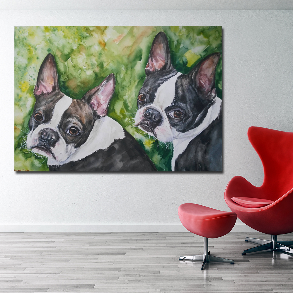 Boston Cute Sweet Dog Painting Wall Art Print Canvas Painting For Kids Room Decor Animal Picture Unframed