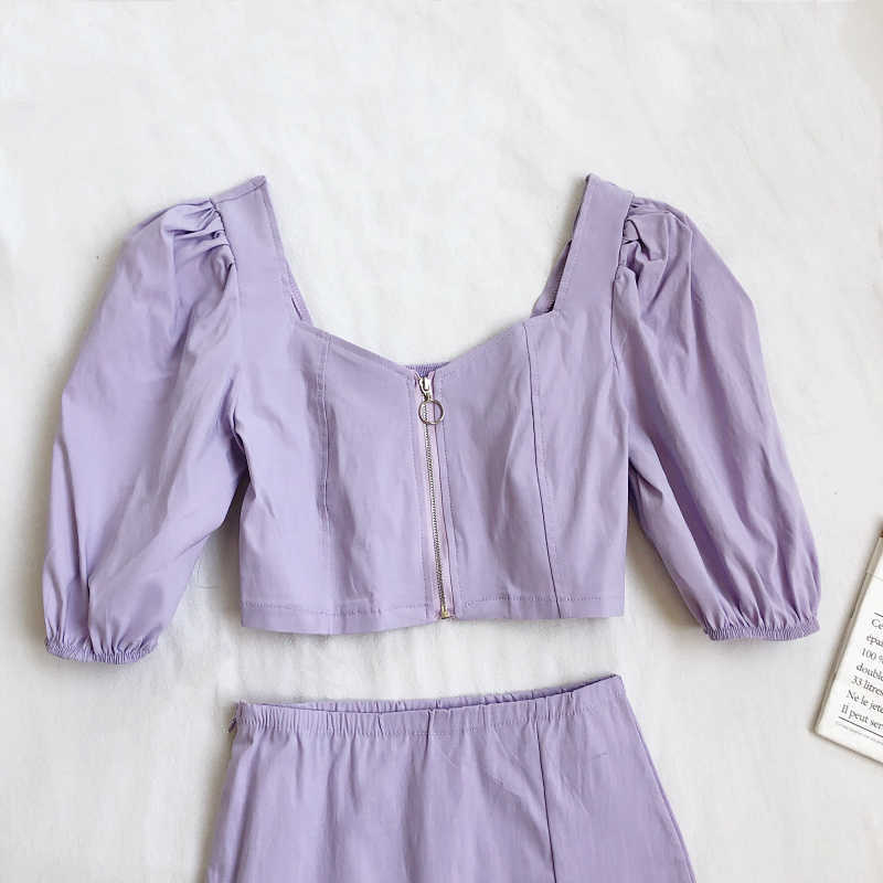 LY VAREY LIN Summer Women Two Piece Set Fashion Puff Sleeve Square Neck Short Tops+ Sexy Split Mini Skirts 210526