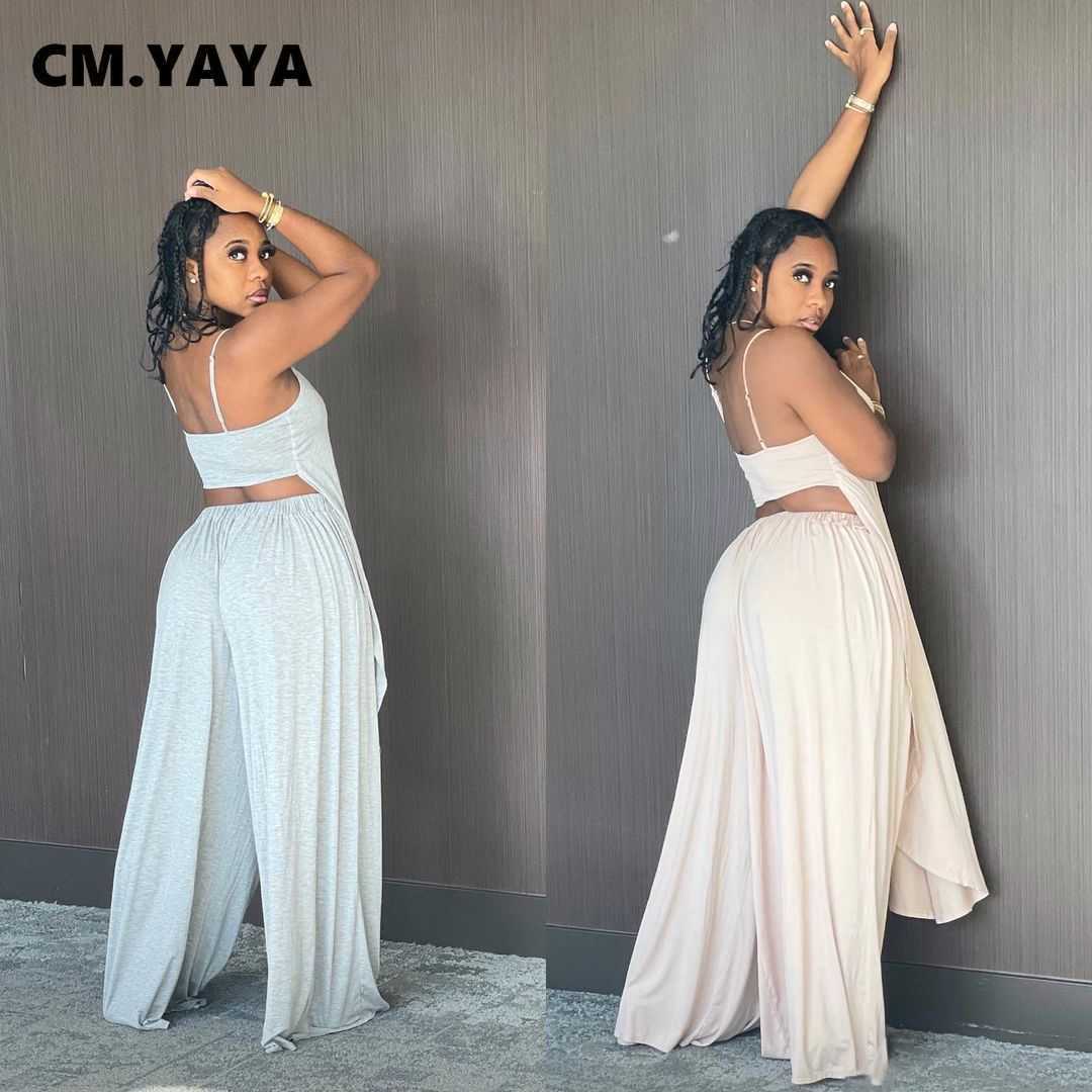 CM.YAYA Women Sets Solid Sleeveless Spaghetti Strap Back Hollow Out X-long Tops Loose Floor-length Pants 2 Piece Set Summer 2021 Y0625