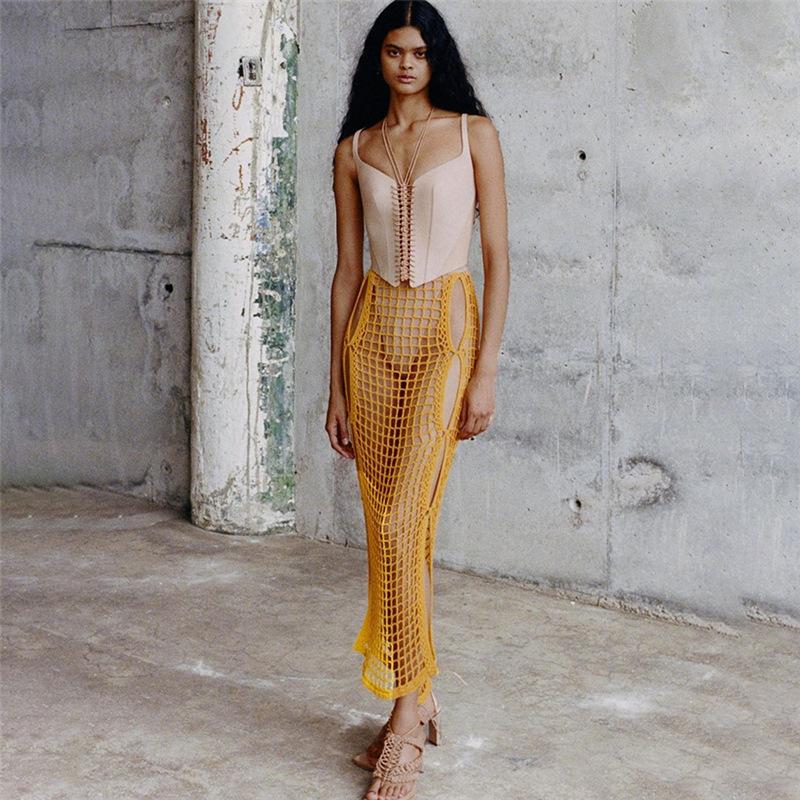 Skirts ANJAMANOR Sexy Crochet Knitted Long Summer Vacation Outfits Beach Club Wear Hollow Out Split Maxi Skirt Yellow D83DC171516059