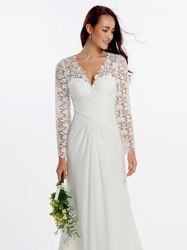 Wedding Dress 2022 Bridal Gown V Neck Sweep Train Chiffon Floral Lace Long Illusion Sleeve Romantic Boho Plus Size Vestido De Noiva Robe Mariage