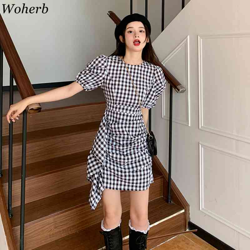 Sweet High Waist Robe Femme Girls Chic Plaid Dress Puff Sleeve Ruffle Dresses All Match Fashion Mini Vestidos Korean 210519