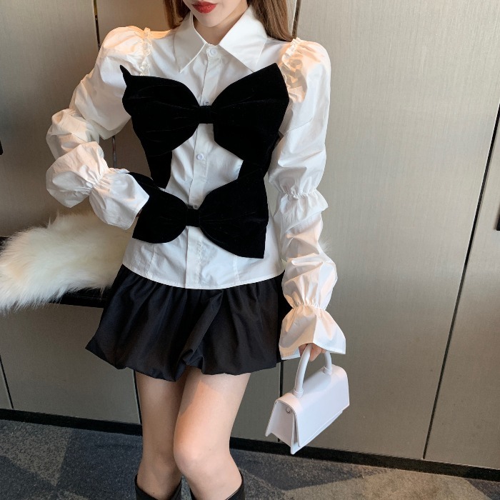 Nomikuma Velour Bowknot Patchwork Women Blouse Sweet Pleated Puff Long Sleeve Shirt Spring New Korean Blusas Mujer 6D812 210427