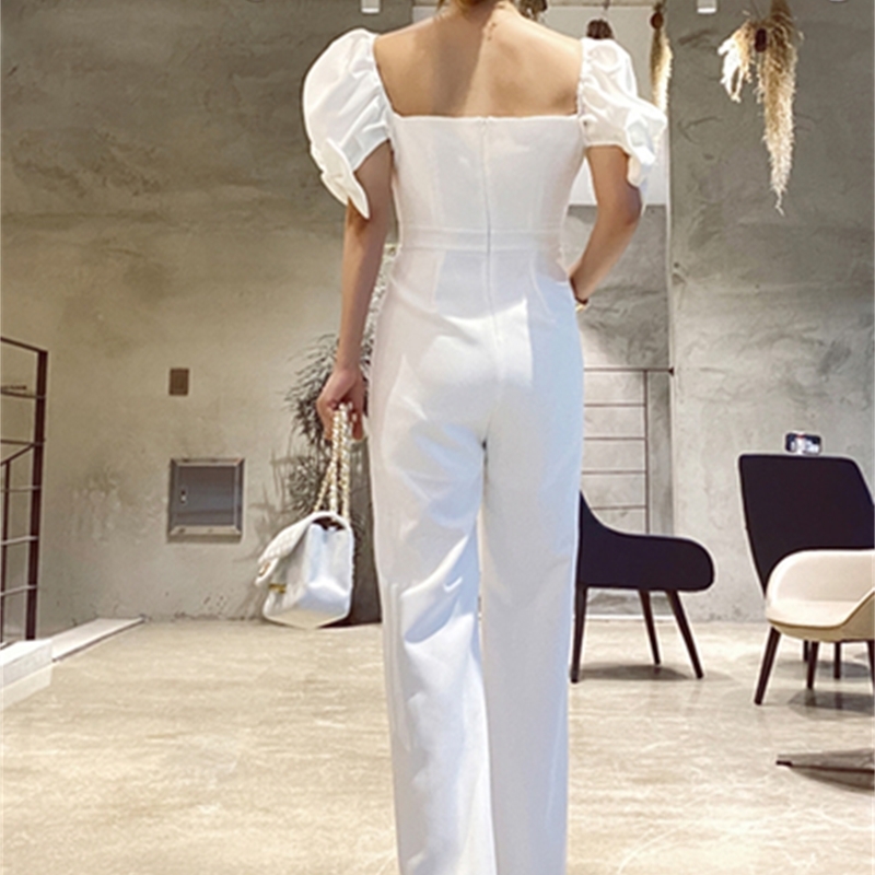 Sexy Women V-Neck Puff Sleeve Bow Jumpsuits Ladies Overalls Elegant Fashion OL High Waist Slim White Rompers 210519