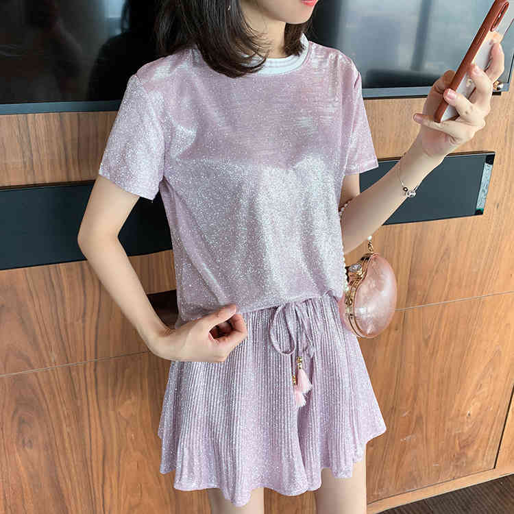 fashion Summer Two Piece Set Women O Neck Short Sleeve T-shirt top + casual Wide leg Shorts Suits Female 210519