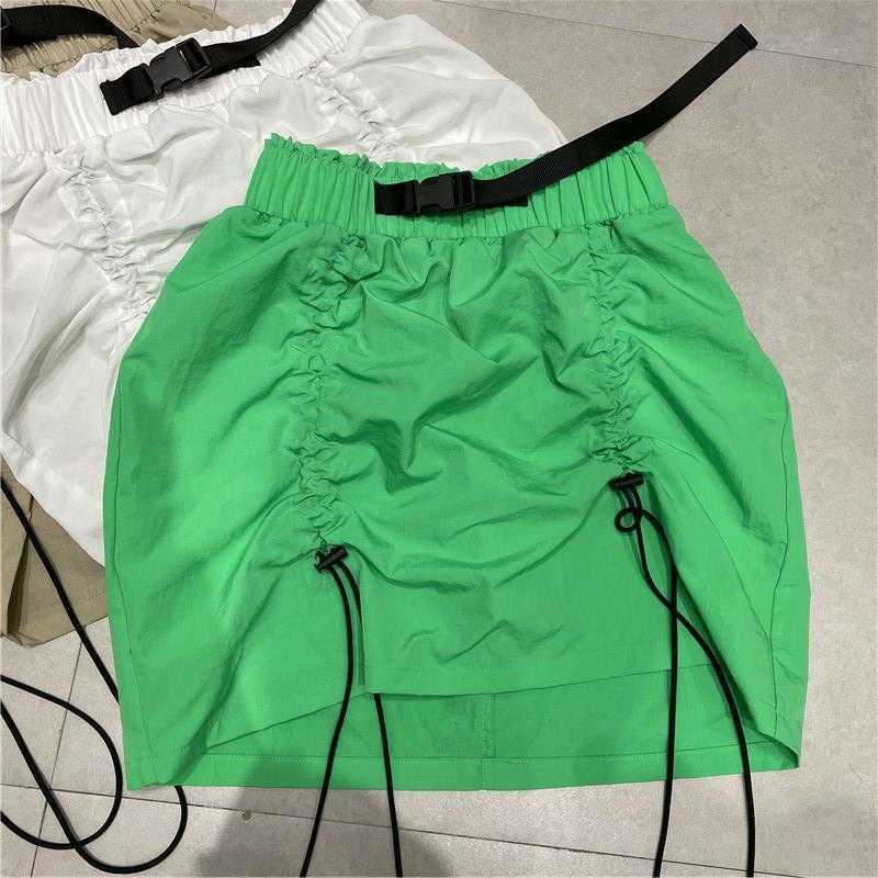 Korean Pleated Draw String Woman Skirts Belt High Waisted Mini Skirt Summer Sexy Slim Faldas De Mujer 6J693 210603