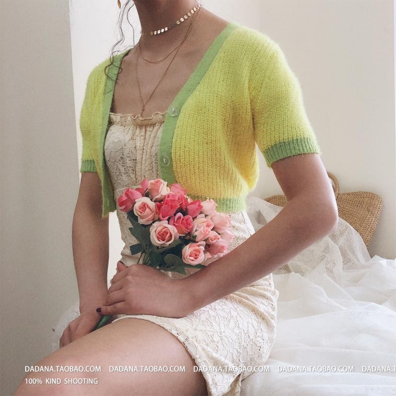 Spring Fore Pink lemons cropped cardigan women crop sweater korean streetwear v-neck womens sweet 210521