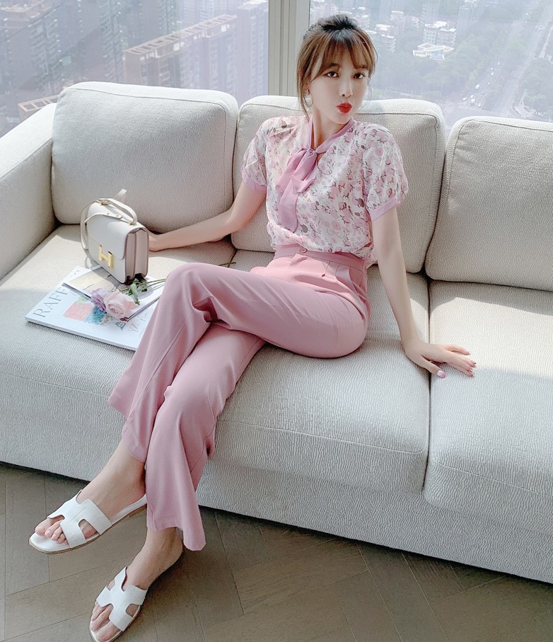 Women Pant Suits Summer Sweet Pink Flowers Print Chiffon Bow Tie Shirt Top + High Waist Long Trousers Female 2 Piece Set 210519