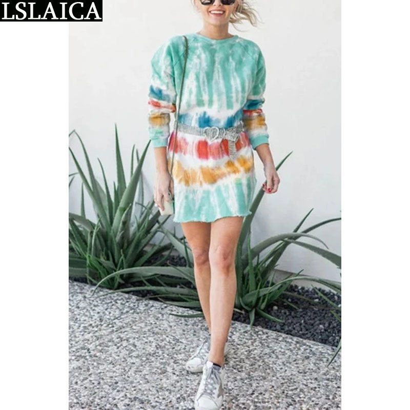 Loose Long Sleeve Dresses O-Neck Tie-Dye Casual Plus Size Homewear Fashion t Shirt Women Vestidos Para Mujer 210515