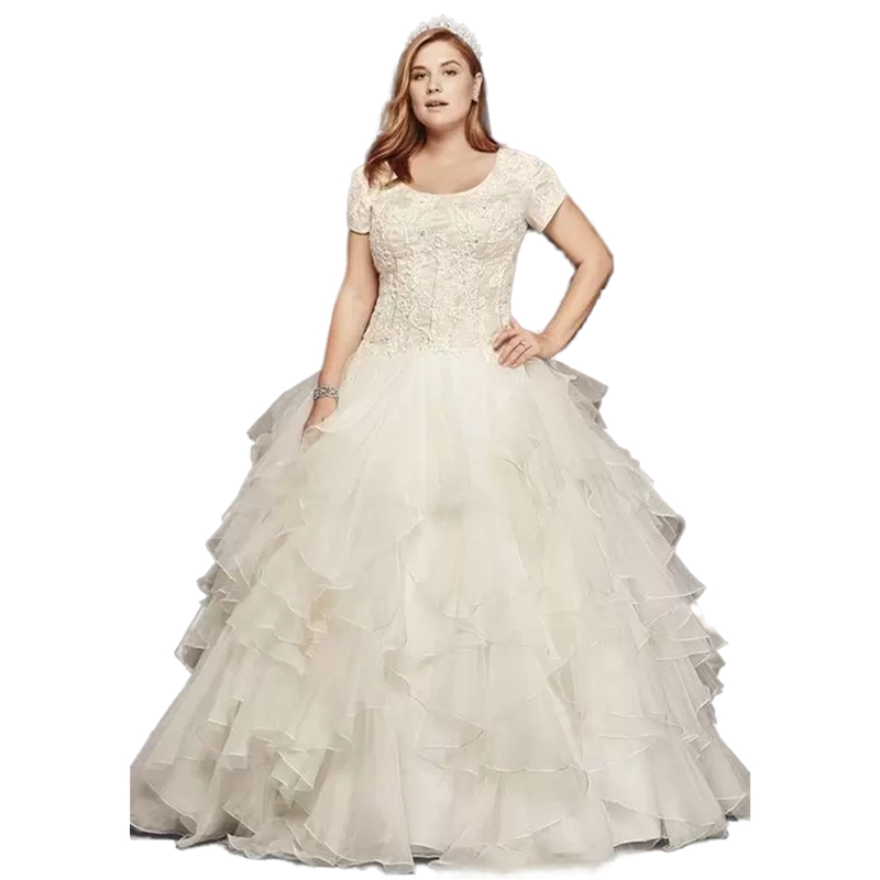 Gorgeous Short Sleeve Corset A Line Wedding Dress Scoop Neck Ruffle Organza Skirt Floor Length Puffy Country Garden Wedding Gowns Plus Size Bridal Dre