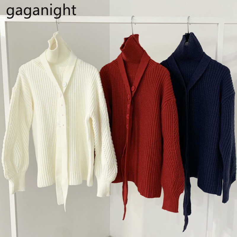 Chic Button Lace Up Women Sweater Autumn Winter Turtleneck Pullovers Korean Thick Warm Loose Sweaters Knited Tops 210601