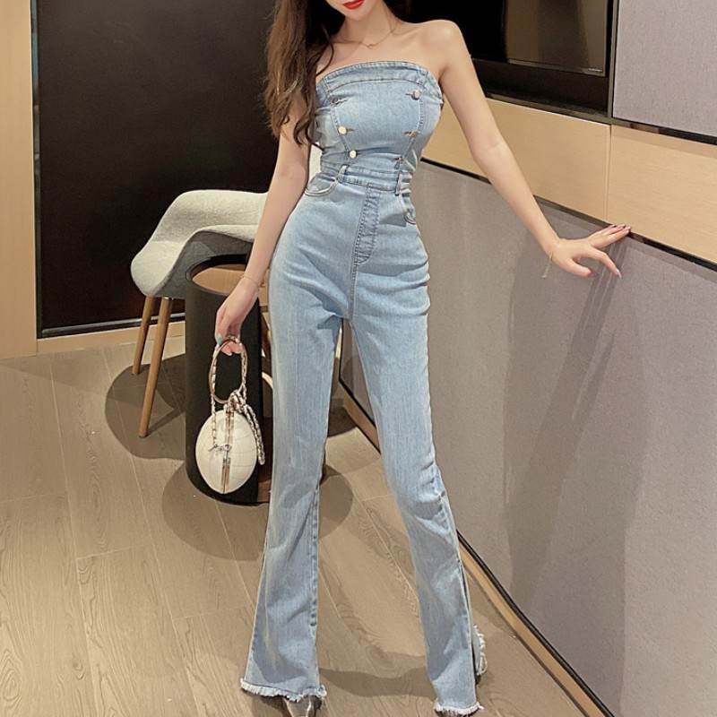Spring Women Strapless Jeans Jumpsuits Buttons Sexy Woman Fashion Pockets Split Denim High Waist Slim Jumpsuit 210519