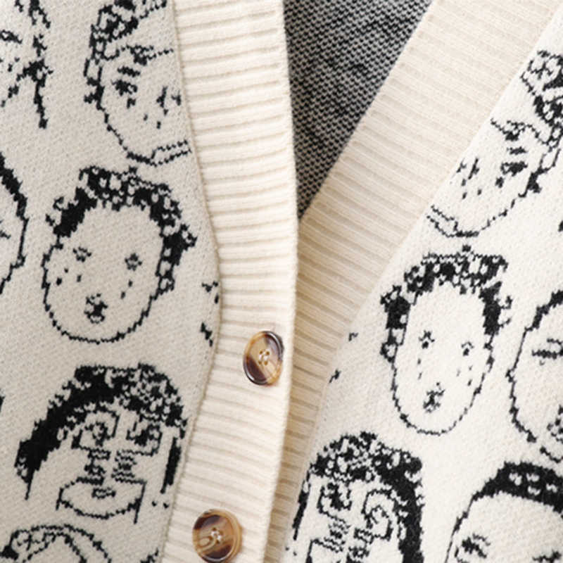 AZYT Autumn Winter Comic V neck Cardigan Female Jacket Knitwear Sweater Coat Casual Knit For Women 211018