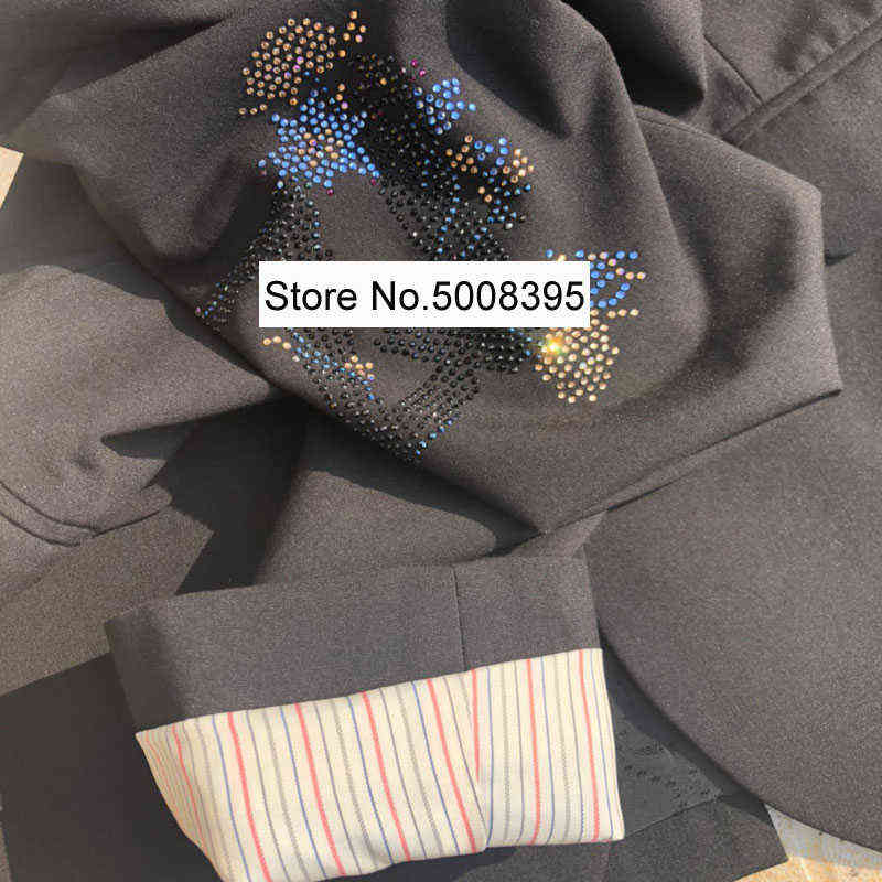 Woman Black Flowers Star Strass Decoration Blazer Single Button Long Sleeves Fashion Suit Coat SS 211122