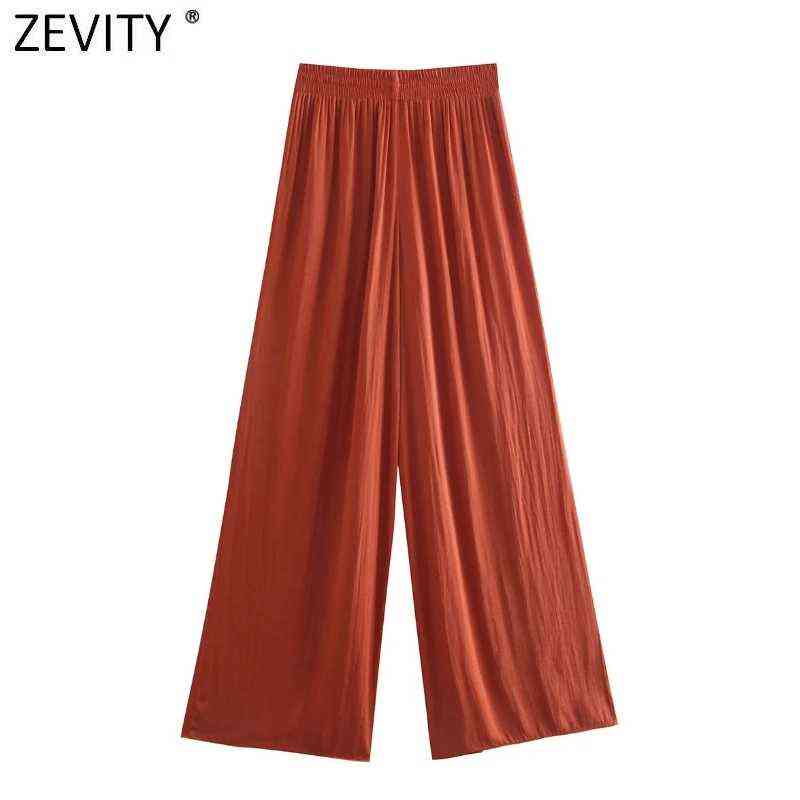 Zevity Women Fashion Solid Color Pleats Wide Leg Pants Female Chic Elastic Waist Side Pockets Casual Summer Long Trousers P1142 211115