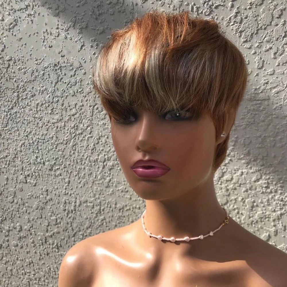 Ombre Blonde Short Bob Pixie Cut Human Hair Wig Full Machine Made Non Lace Front Wigs With Bangs For Women