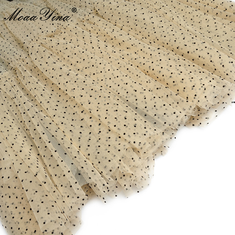 Fashion Runway Summer Elegant Party Dress Women polka dot Print Short sleeve Gorgeous Lace Splicing Mesh Midi 210524