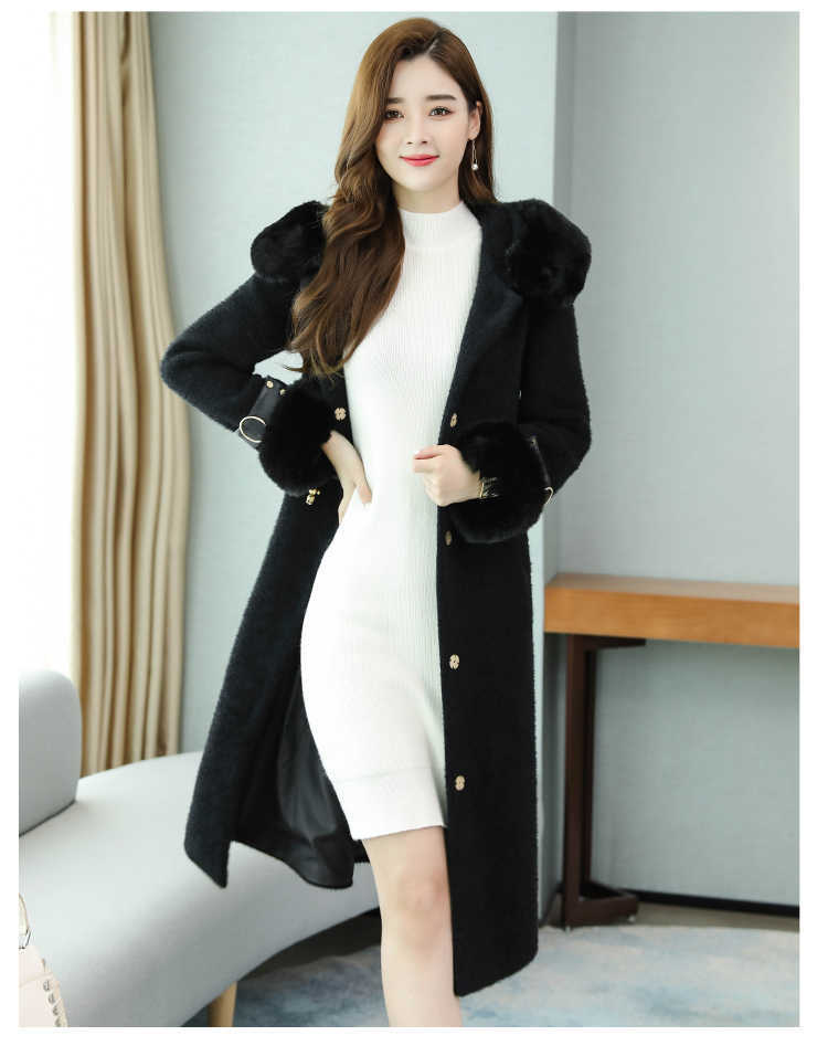 Office Ladies Winter Outerwear Long Faux Coat Women Maxi Overcoat Fur Collar Hoody Drawstring BUR122909 210915