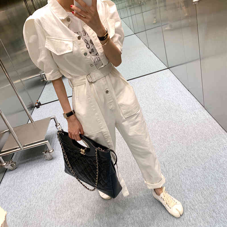 Sexy Denim Jumpsuit Women Romper Long Sleeve Belt Pink/White Summer Jeans Female Streetwear Overalls 210506