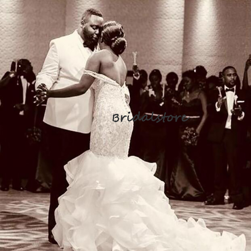 Organza Ruffles African Wedding Dress Off The Shoulder Plus Size Country Wedding Gowns With Lace 2022 Backless Beach Black Girls Bridal Dresses Robe D
