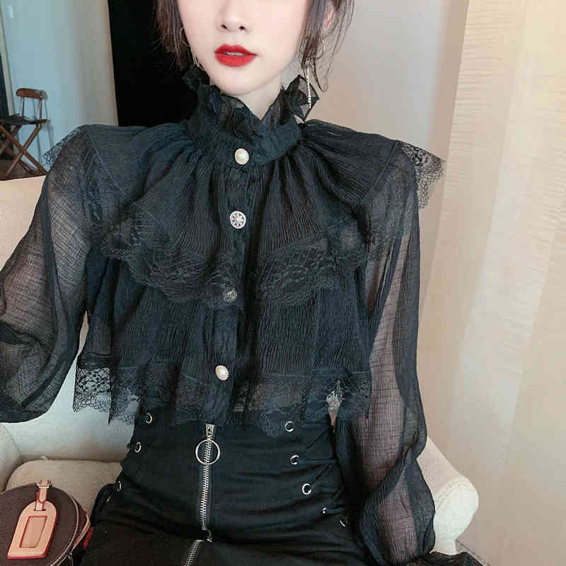 Sweet Lace Ruffles Patchwork Chiffon Shirt Female Spring Korean Fashion Elegant Stand Collar Flare Sleeve Casual Blouse 210519
