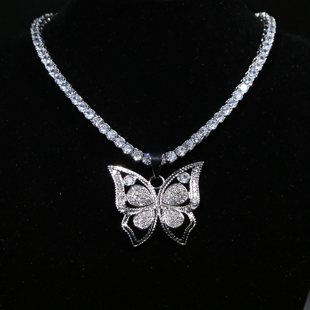 Large big Butterfly pendant with 5mm cz tennis chain necklace for women hip hop Jewelry with silver plated wholesale