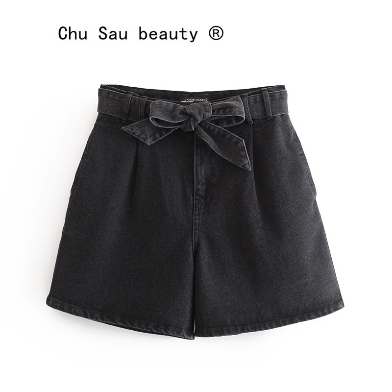 beauty Women Pocket Sexy Mini Denim Shorts Summer Bow Belt Wild Casual Washed Black 210514
