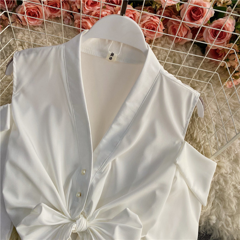 Nomikuma V-neck Strapless Long Sleeve Blouse Tops Women Spring Short Blusas Korean Bow Bandage Sweet Fashion Shirt 6F136 210427